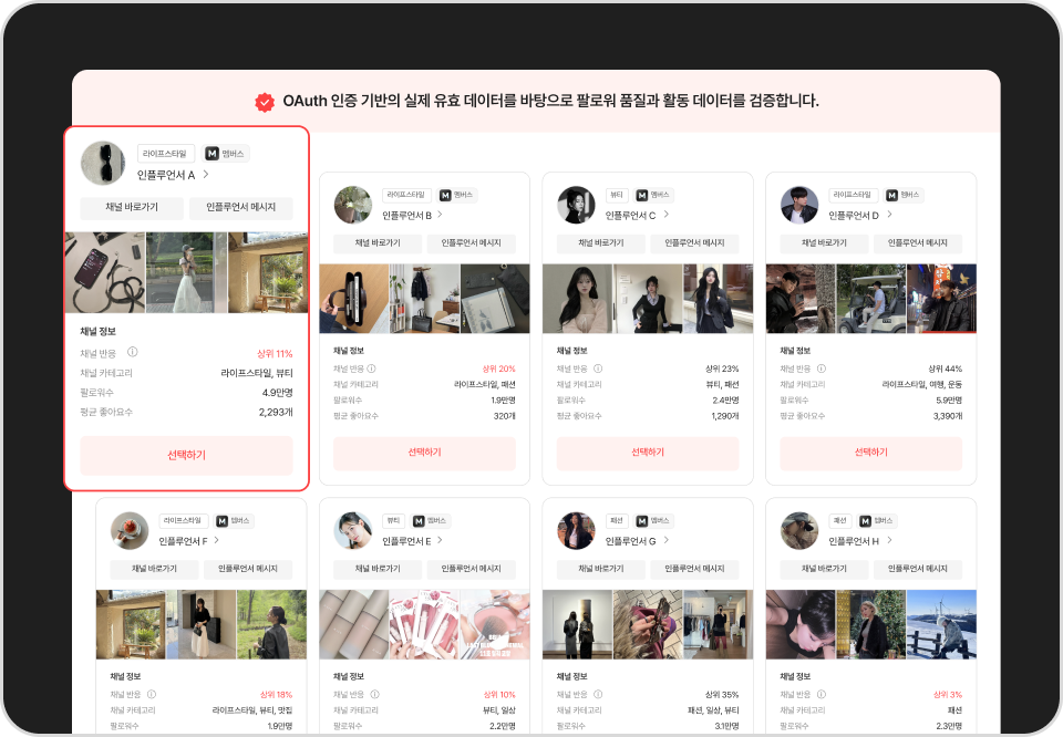 검증된 마이크로 인플루언서 추천 리스트 화면